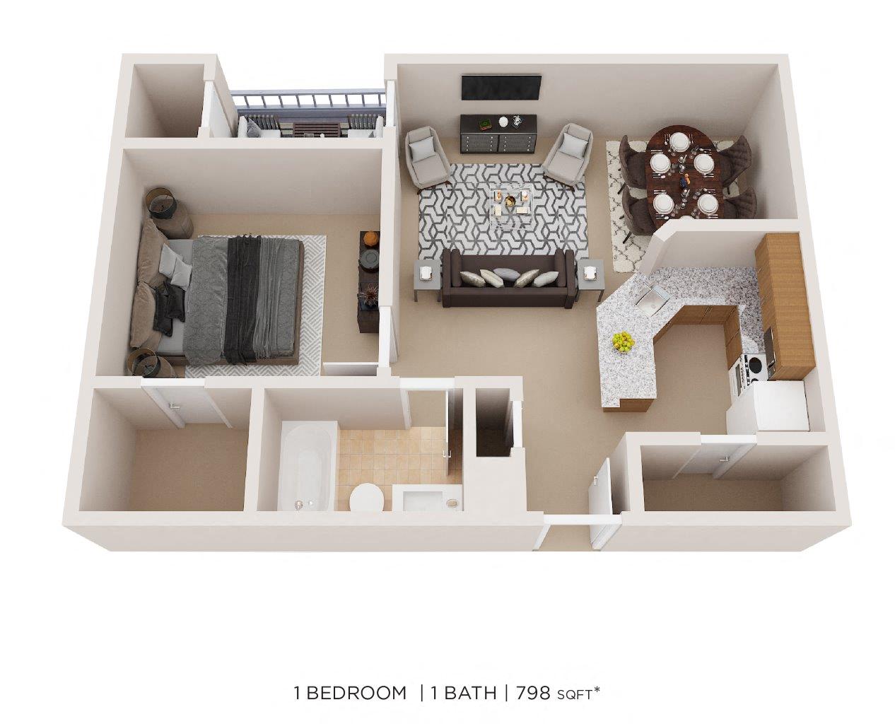 Floor plan for 1 bed, 1 bath, 798 sqft