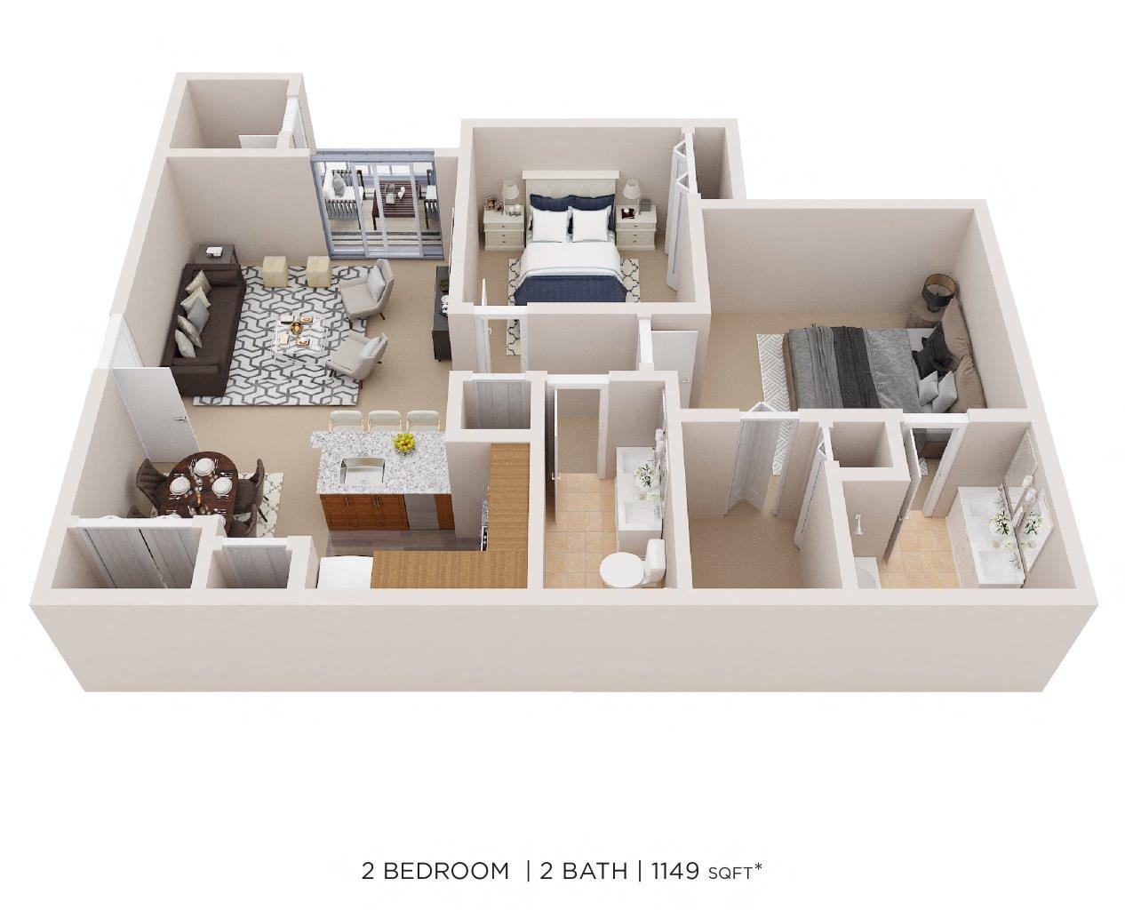 Floor plan for 2 beds, 2 baths, 1149 sqft