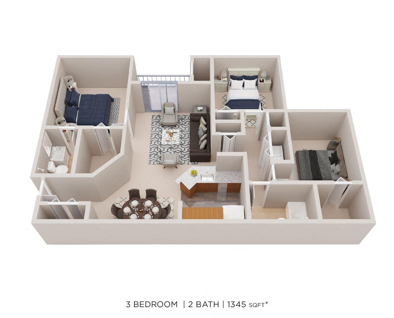 Floor plan for 3 beds, 2 baths, 1345 sqft