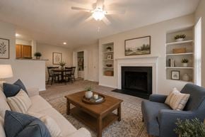 Rock Hill apartment for rent - A living room with a fireplace, a sofa, a chair, and a coffee table.