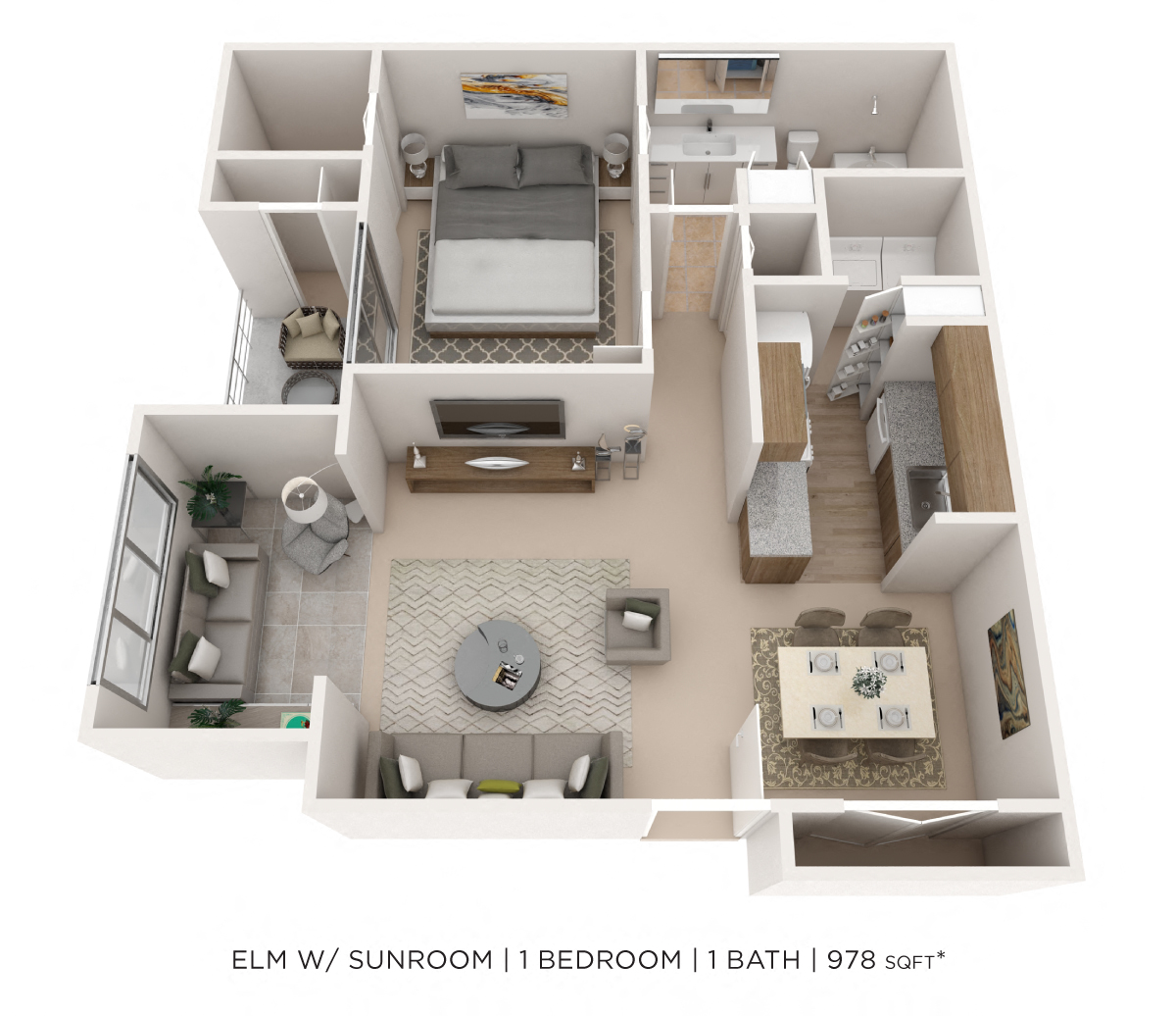 Floor plan for 1 bed, 1 bath, 978 sqft
