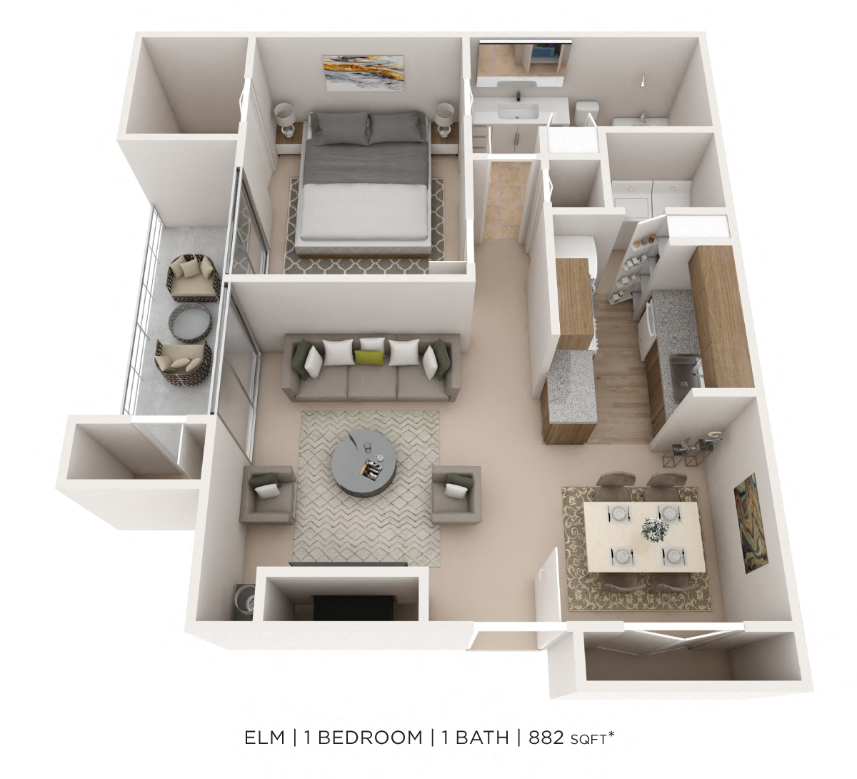 Floor plan for 1 bed, 1 bath, 882 sqft