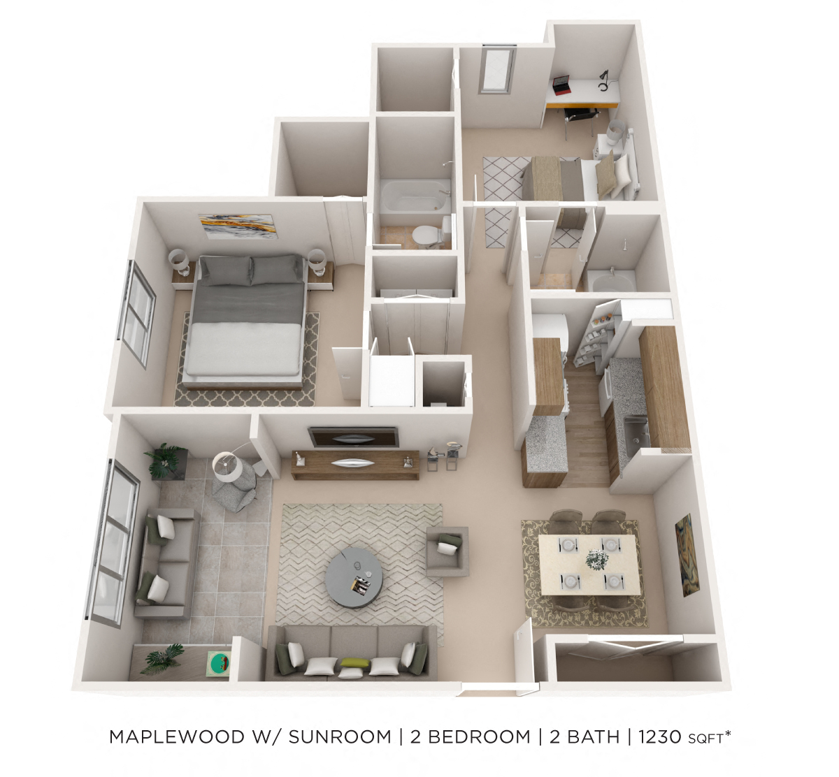 Floor plan for 2 beds, 2 baths, 1230 sqft