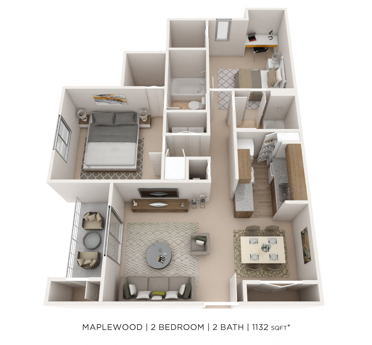Floor plan for 2 beds, 2 baths, 1132 sqft