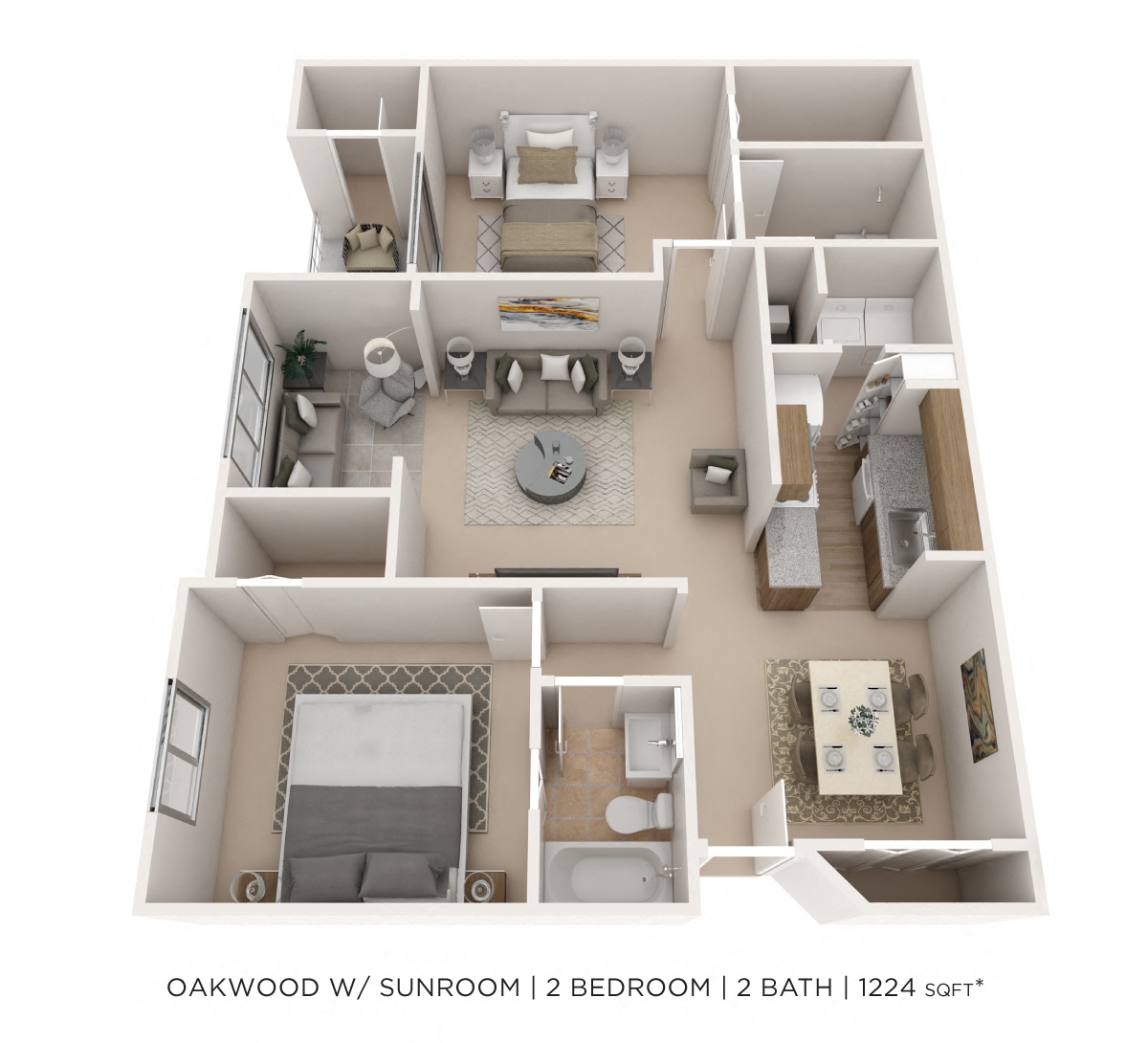 Floor plan for 2 beds, 2 baths, 1225 sqft