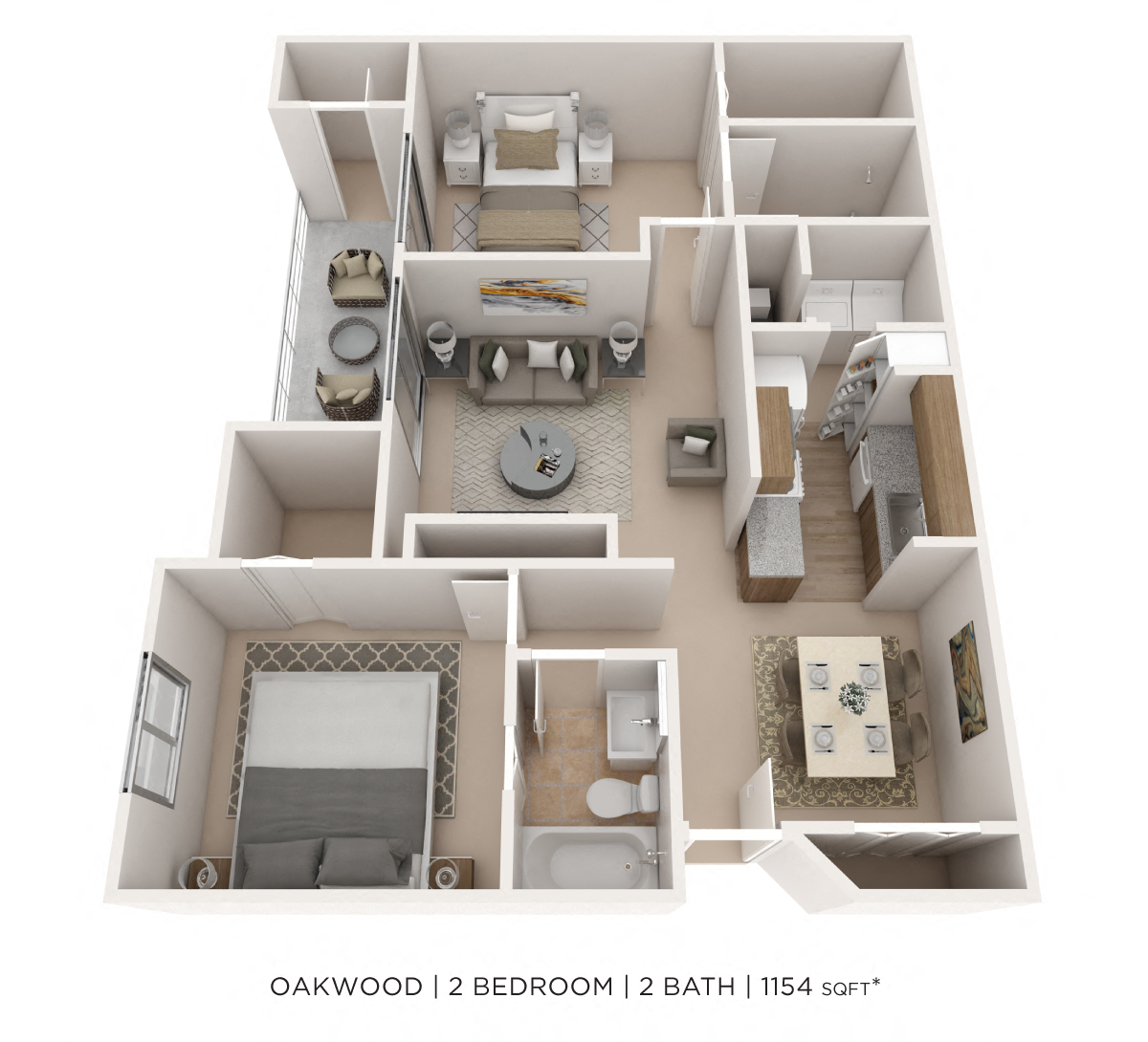 Floor plan for 2 beds, 2 baths, 1154 sqft