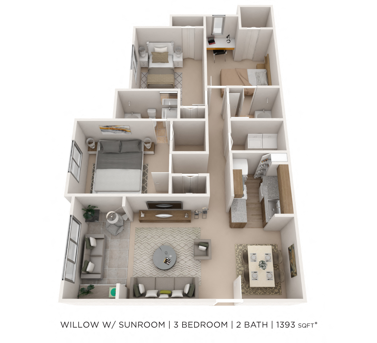 Floor plan for 3 beds, 2 baths, 1393 sqft