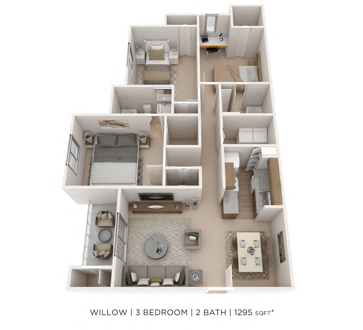 Floor plan for 3 beds, 2 baths, 1295 sqft