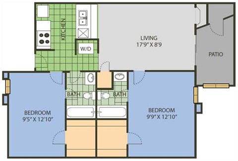 Floor plan for 2 beds, 2 baths, 835 sqft