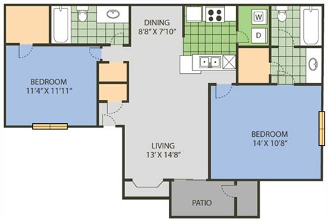 Floor plan for 2 beds, 2 baths, 932 sqft