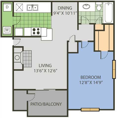 Floor plan for 1 bed, 1 bath, 751 sqft