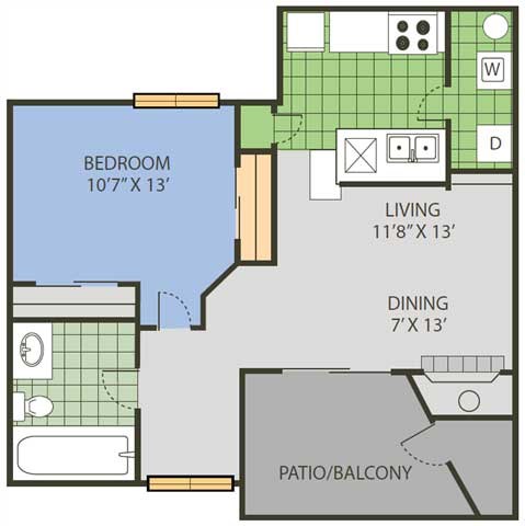 Floor plan for 1 bed, 1 bath, 759 sqft