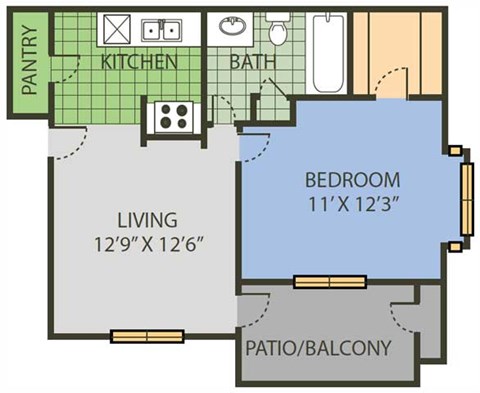 Floor plan for 1 bed, 1 bath, 542 sqft