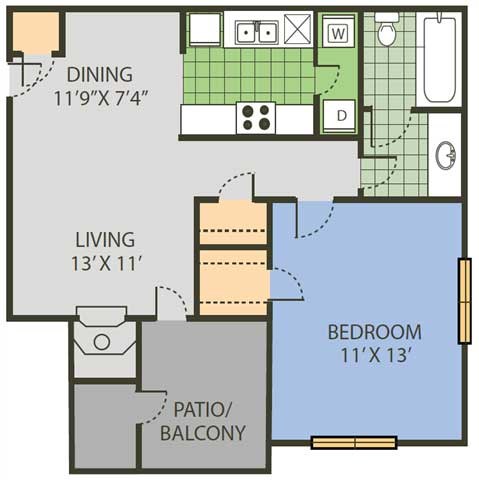 Floor plan for 1 bed, 1 bath, 636 sqft