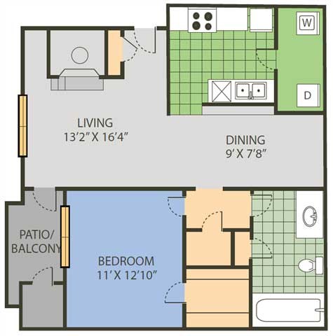 Floor plan for 1 bed, 1 bath, 797 sqft