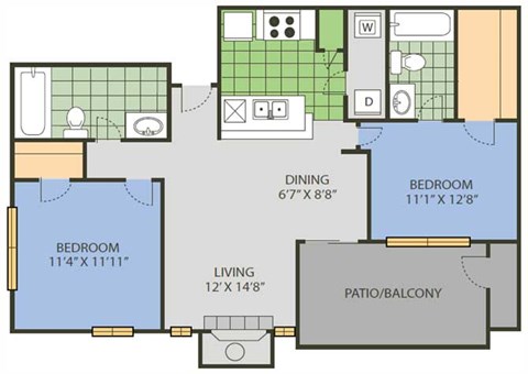 Floor plan for 2 beds, 2 baths, 979 sqft