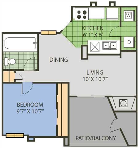 Floor plan for 1 bed, 1 bath, 659 sqft