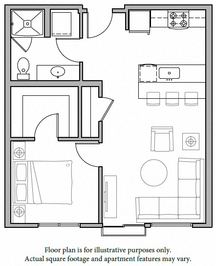 Floor plan for 1 bed, 1 bath, 634 sqft