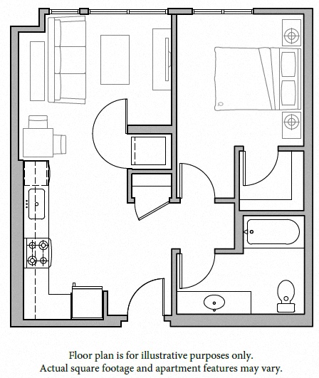 Floor plan for 1 bed, 1 bath, 662 sqft
