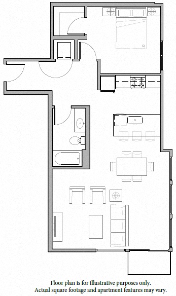 Floor plan for 1 bed, 1 bath, 876 sqft