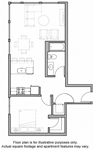 Floor plan for 1 bed, 1 bath, 754 sqft