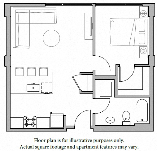 Floor plan for 1 bed, 1 bath, 652 sqft