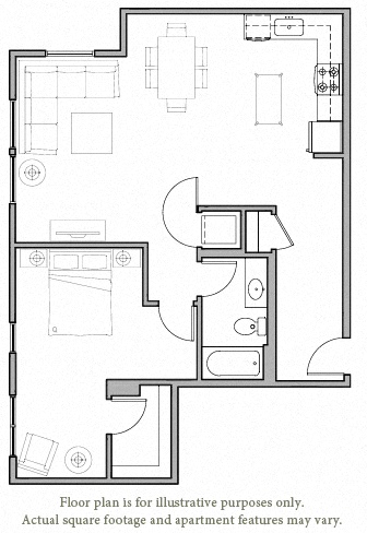 Floor plan for 1 bed, 1 bath, 836 sqft