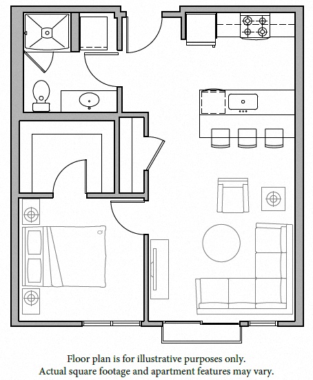 Floor plan for 1 bed, 1 bath, 646 sqft