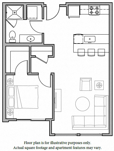 Floor plan for 1 bed, 1 bath, 669 sqft