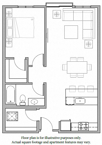 Floor plan for 1 bed, 1 bath, 761 sqft