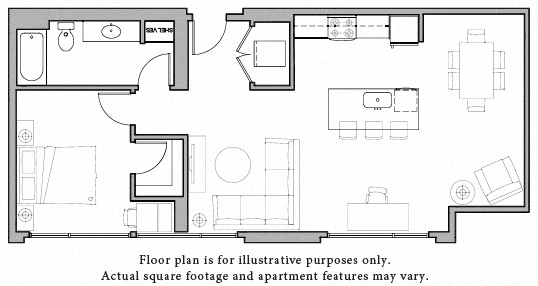 Floor plan for 1 bed, 1 bath, 761 sqft