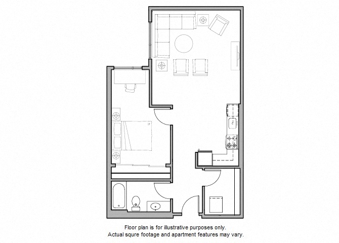 Floor plan for 1 bed, 1 bath, 785 sqft