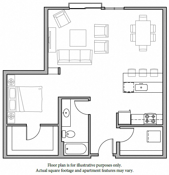 Floor plan for 1 bed, 1 bath, 886 sqft