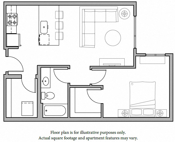 Floor plan for 1 bed, 1 bath, 708 sqft