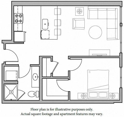 Floor plan for 1 bed, 1 bath, 672 sqft