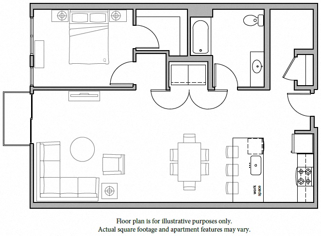 Floor plan for 1 bed, 1 bath, 966 sqft