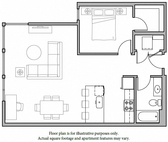Floor plan for 1 bed, 1 bath, 872 sqft