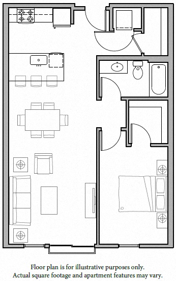 Floor plan for 1 bed, 1 bath, 833 sqft