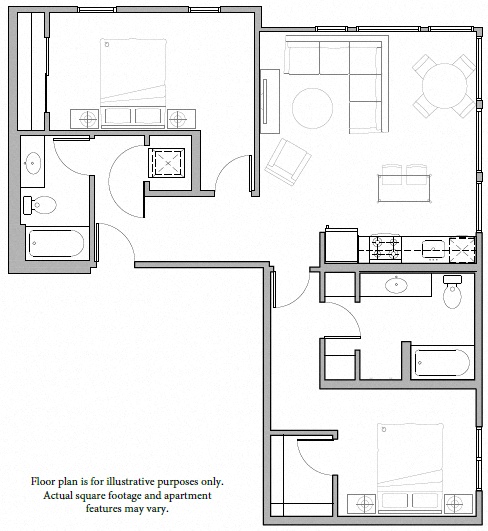 Floor plan for 2 beds, 2 baths, 1097 sqft
