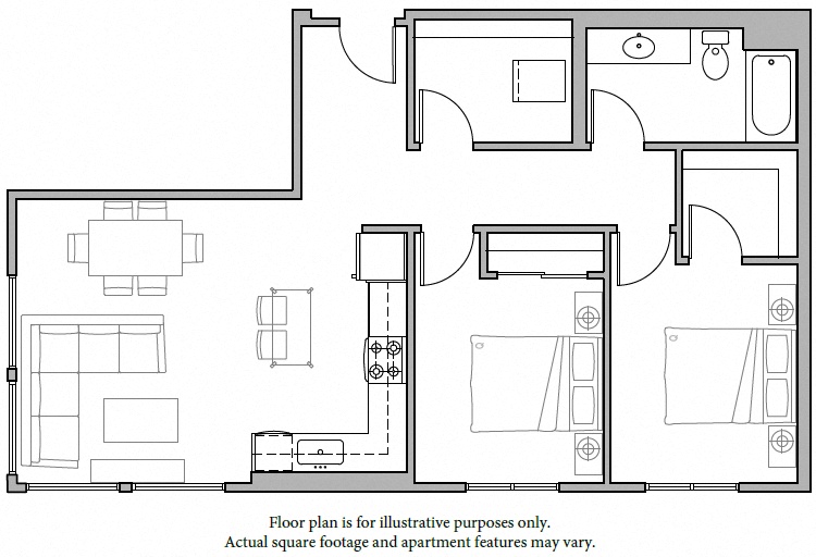Floor plan for 2 beds, 1 bath, 966 sqft