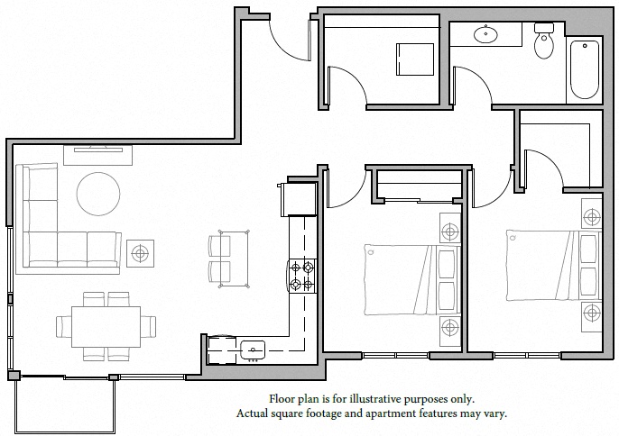 Floor plan for 2 beds, 1 bath, 1026 sqft