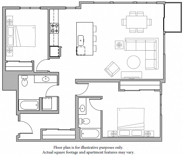 Floor plan for 2 beds, 2 baths, 1234 sqft