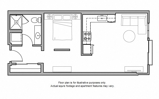 Floor plan for 1 bed, 1 bath, 632 sqft