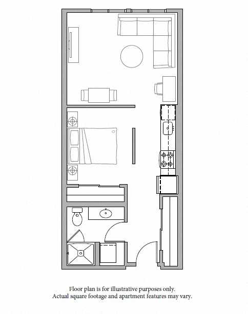 Floor plan for 1 bed, 1 bath, 608 sqft