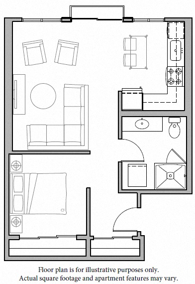 Floor plan for 1 bed, 1 bath, 651 sqft