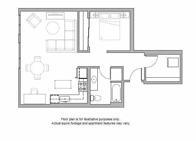 Floor plan for 1 bed, 1 bath, 783 sqft