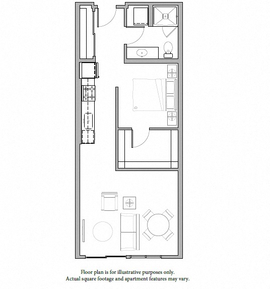 Floor plan for 1 bed, 1 bath, 674 sqft