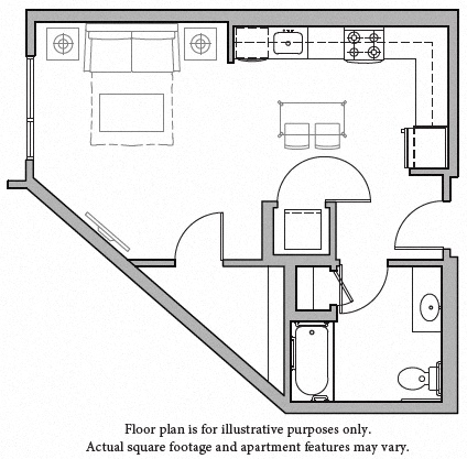 Floor plan for studio, 1 bath, 520 sqft