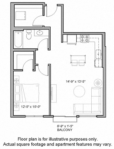 Floor plan for 1 bed, 1 bath, 830 sqft