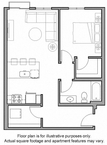 Floor plan for 1 bed, 1 bath, 789 sqft